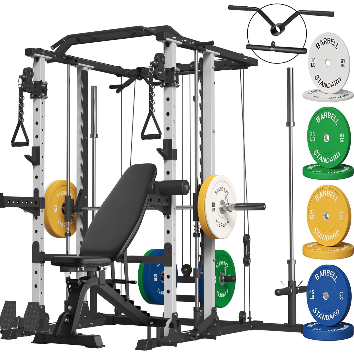 ER KANG Smith Machine Home Gym, 2100LBS Smith Rack with Cable Crossover, 800LBS Weight Bench and 230 lbs Weight Plate, Home Gym Equipment