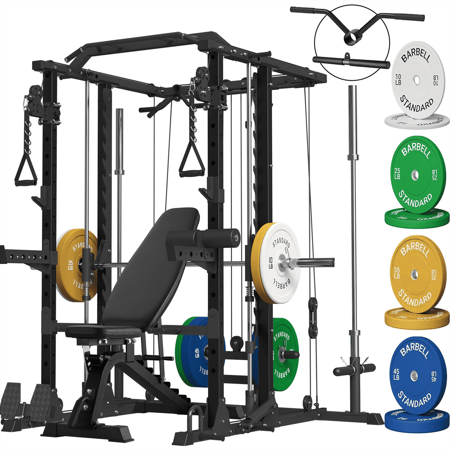 ER KANG Smith Machine Home Gym, 2100LBS Smith Rack with Cable Crossover, 800LBS Weight Bench and 230 lbs Weight Plate, Home Gym Equipment