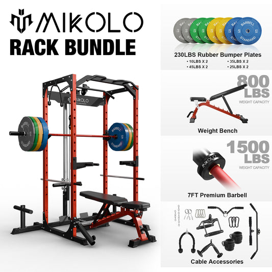 Mikolo Power Rack Cage with LAT Pulldown System,1200 lbs Capacity Power Rack with 800 lbs Capacity Weight Bench and 1500 lbs Capacity Barbell Combo (Upgraded)