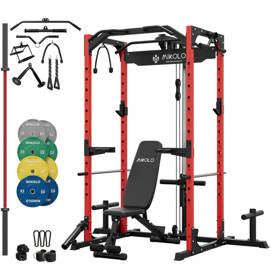 Mikolo Power Rack Cage with LAT Pulldown System,1200 lbs Capacity Power Rack with 800 lbs Capacity Weight Bench and 1500 lbs Capacity Barbell Combo (R230)