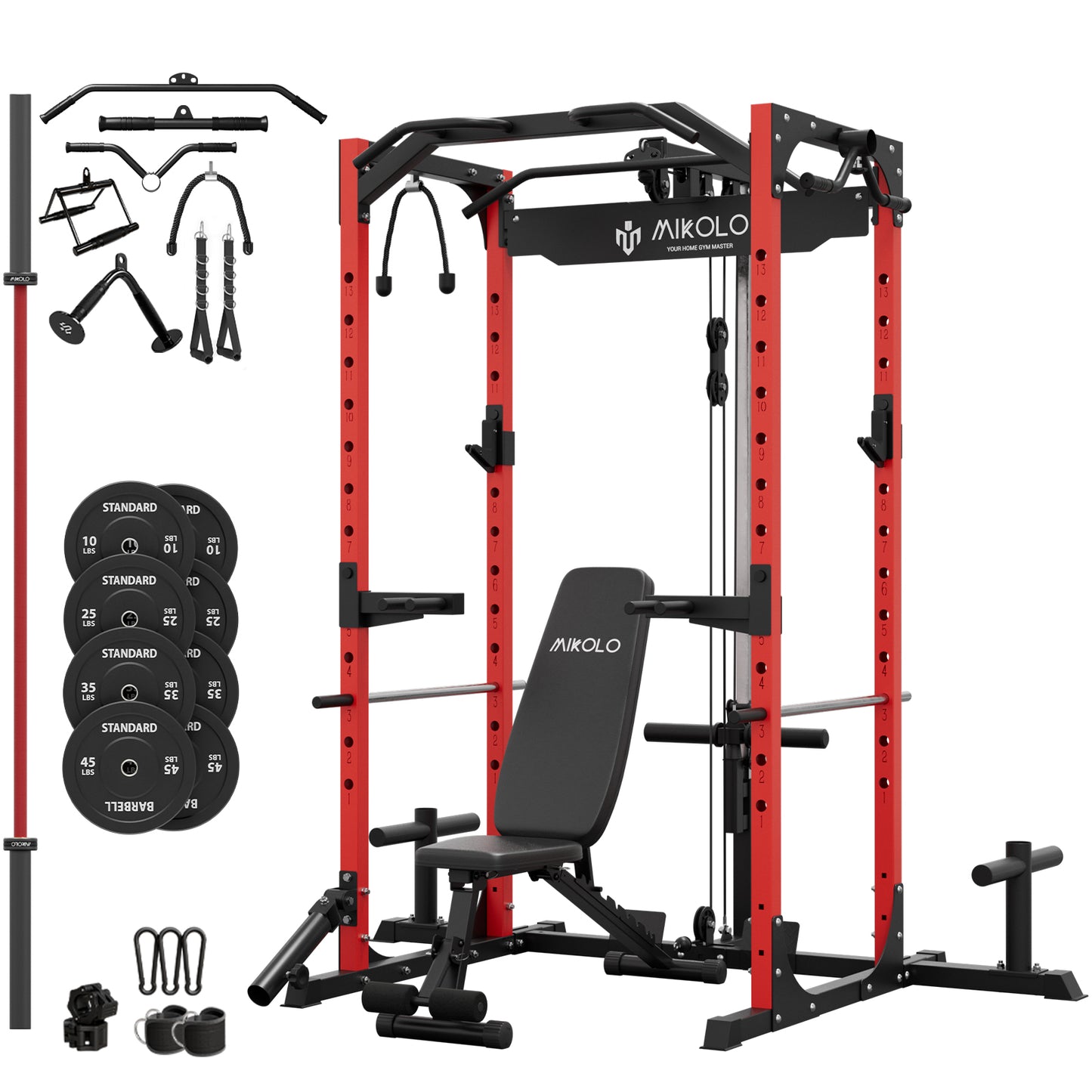 Mikolo Power Rack Cage with LAT Pulldown System,1200 lbs Capacity Power Rack with 800 lbs Capacity Weight Bench and 1500 lbs Capacity Barbell Combo (R230B)