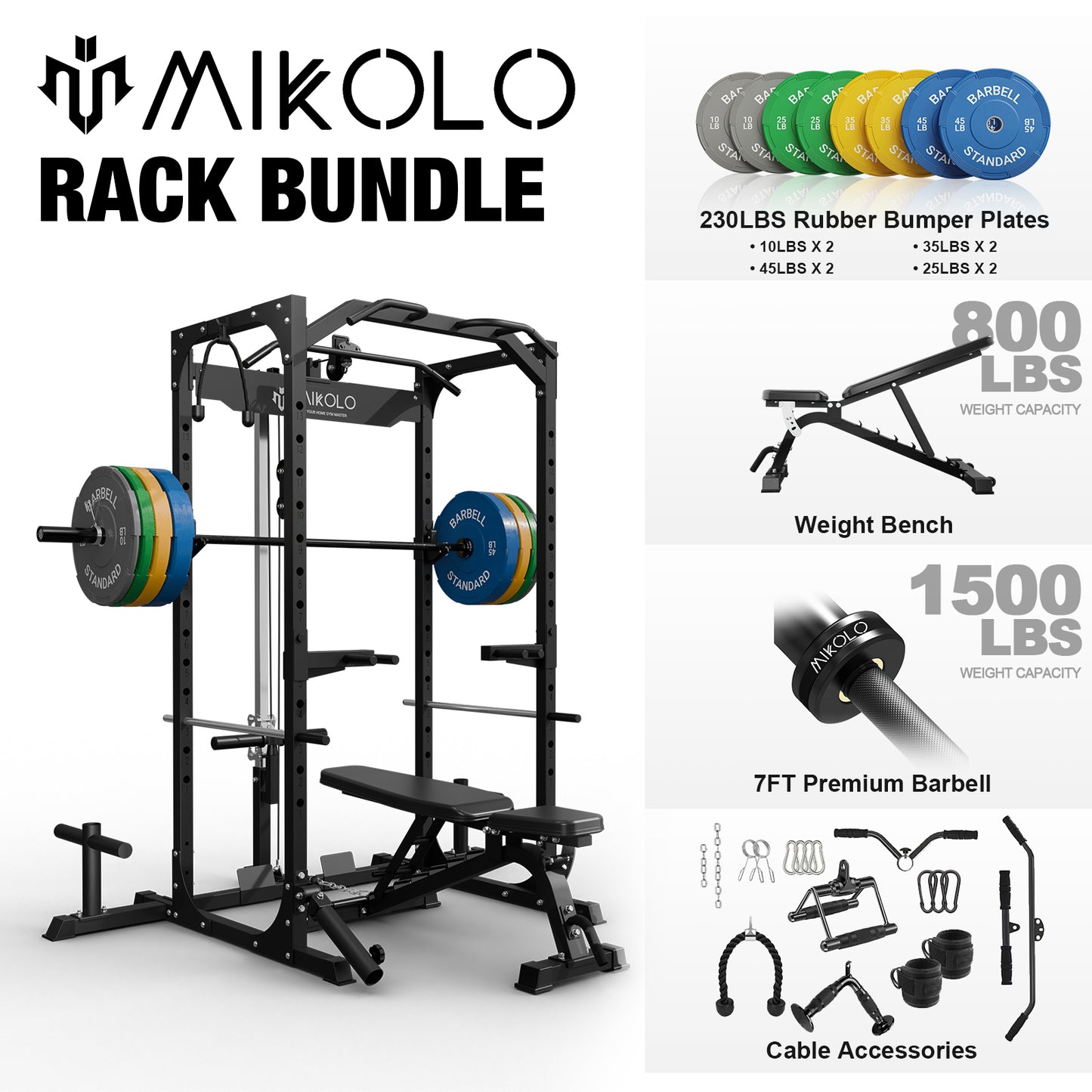 Mikolo Power Rack Cage with LAT Pulldown System,1200 lbs Capacity Power Rack with 800 lbs Capacity Weight Bench and 1500 lbs Capacity Barbell Combo (Upgraded)