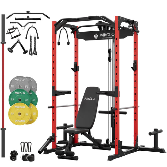 Mikolo Power Rack Cage with LAT Pulldown System,1200 lbs Capacity Power Rack with 800 lbs Capacity Weight Bench and 1500 lbs Capacity Barbell Combo (140)
