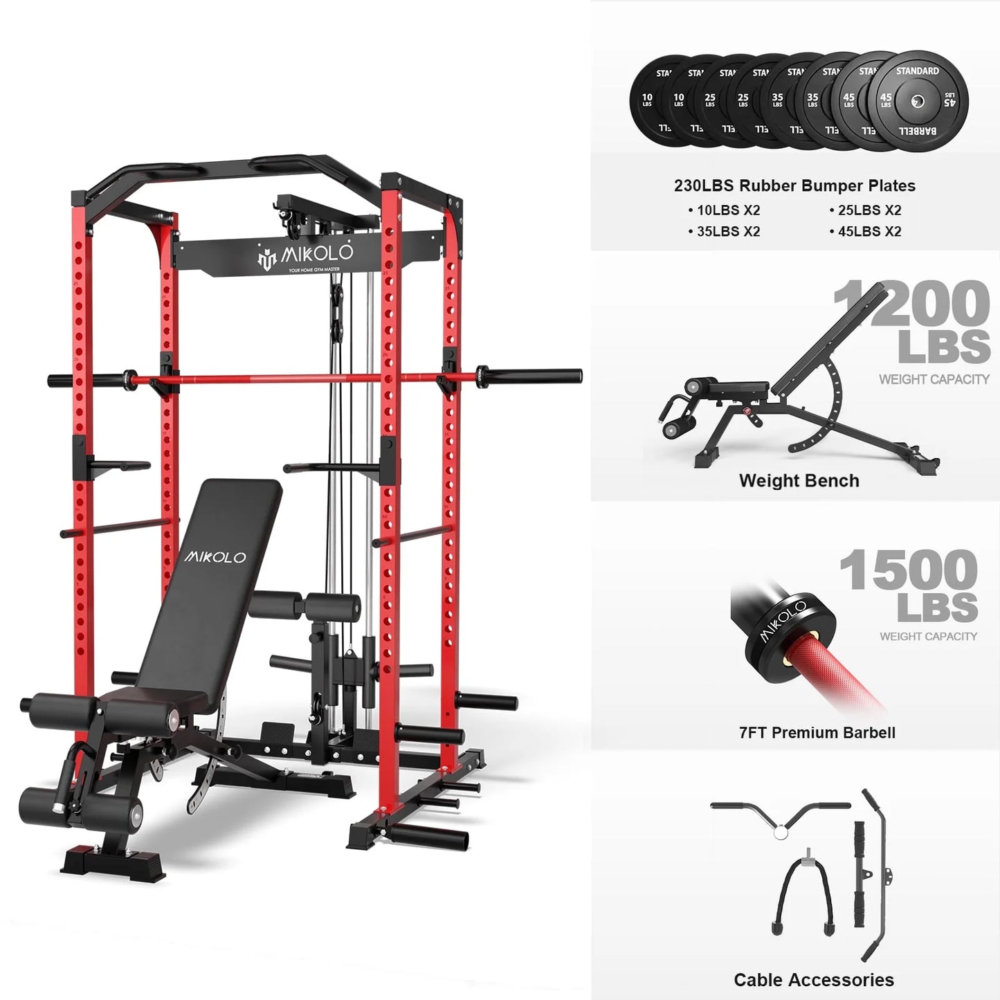 Mikolo Power Rack Cage with LAT Pulldown System,1200 lbs Capacity Power Rack with 1200 lbs Capacity Weight Bench and 1500 lbs Capacity Barbell Combo (Red)