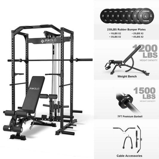 Mikolo Power Rack Cage with LAT Pulldown System,1200 lbs Capacity Power Rack with 1200 lbs Capacity Weight Bench and 1500 lbs Capacity Barbell Combo (Black)