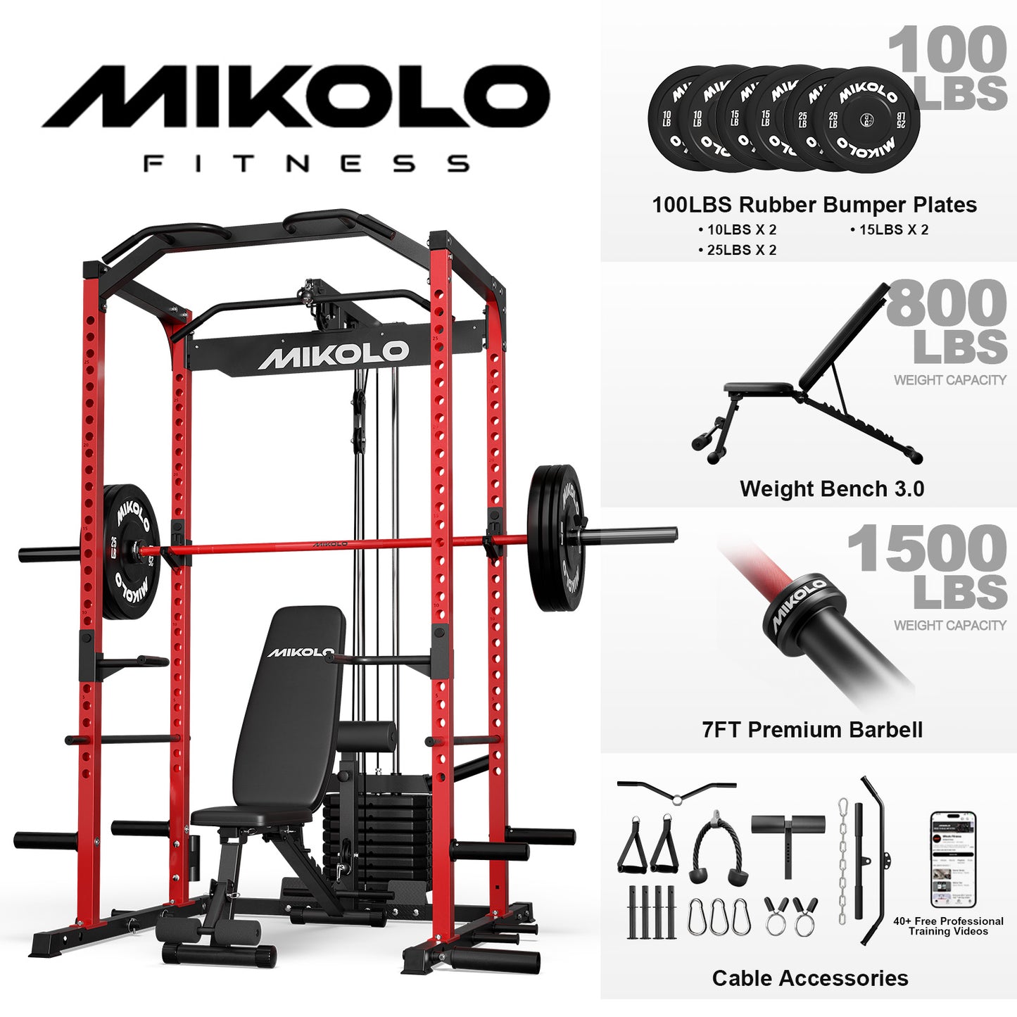 Mikolo Power Cage with Weight Stack Multi-Function Power Rack for Home Gym, Squat Rack, Cable Crossover System, for Strength Training, Red