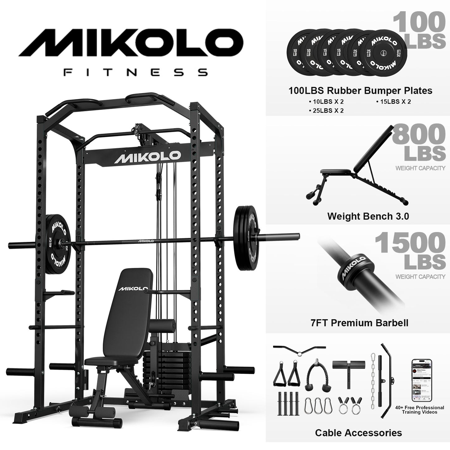 Mikolo Power Cage with Weight Stack Multi-Function Power Rack for Home Gym, Squat Rack, Cable Crossover System, for Strength Training, Red