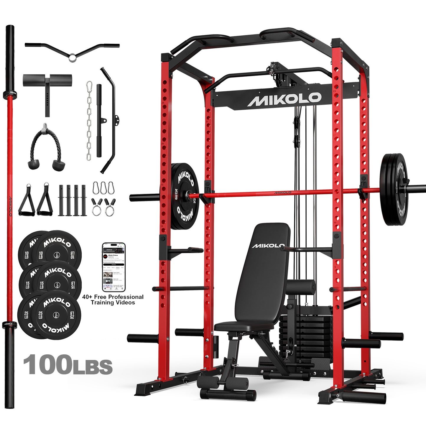 Mikolo Power Cage with Weight Stack Multi-Function Power Rack for Home Gym, 1500LBS Squat Rack for Strength Training, 230LB Plates package Red