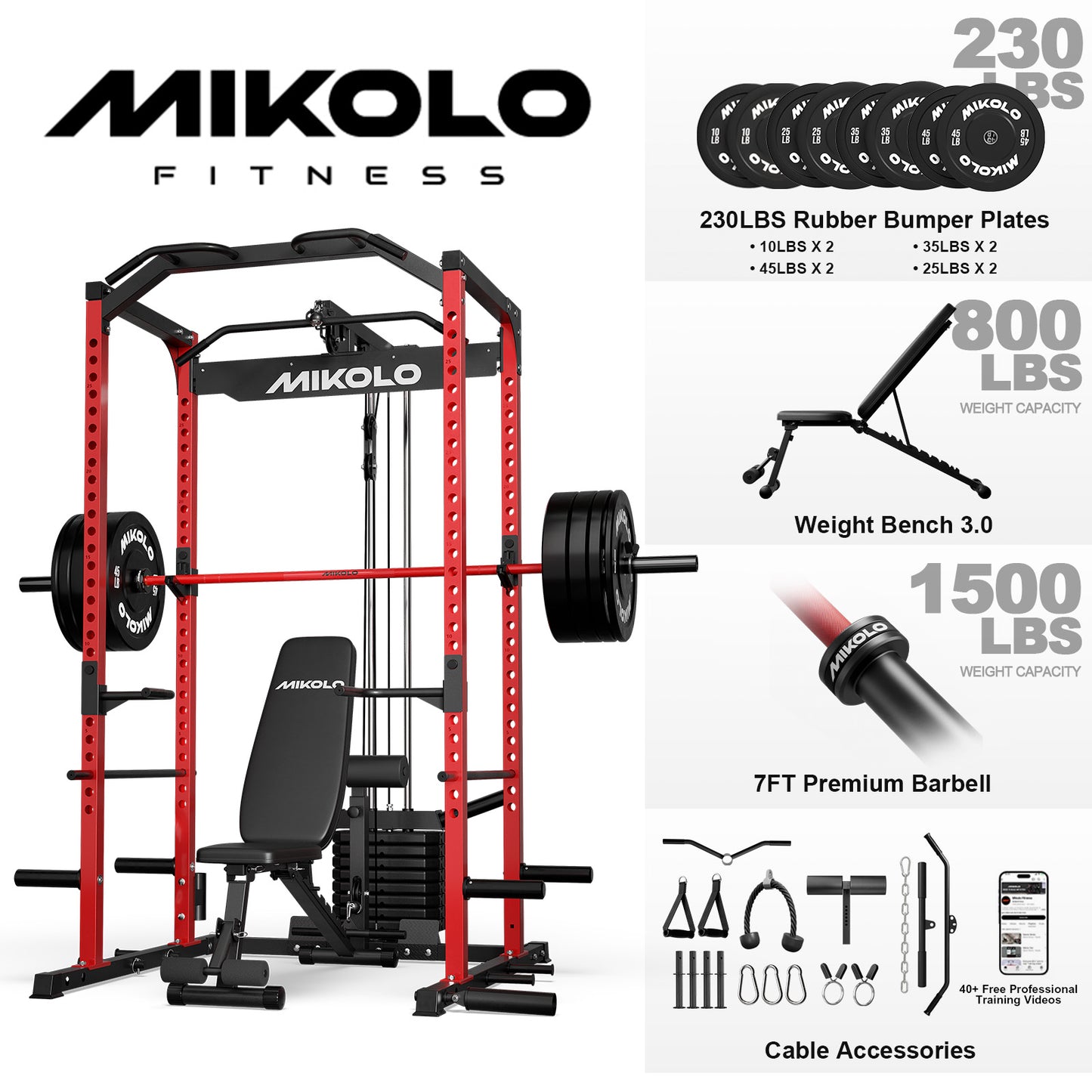 Mikolo Power Cage with Weight Stack Multi-Function Power Rack for Home Gym, Squat Rack, Cable Crossover System, for Strength Training, Red