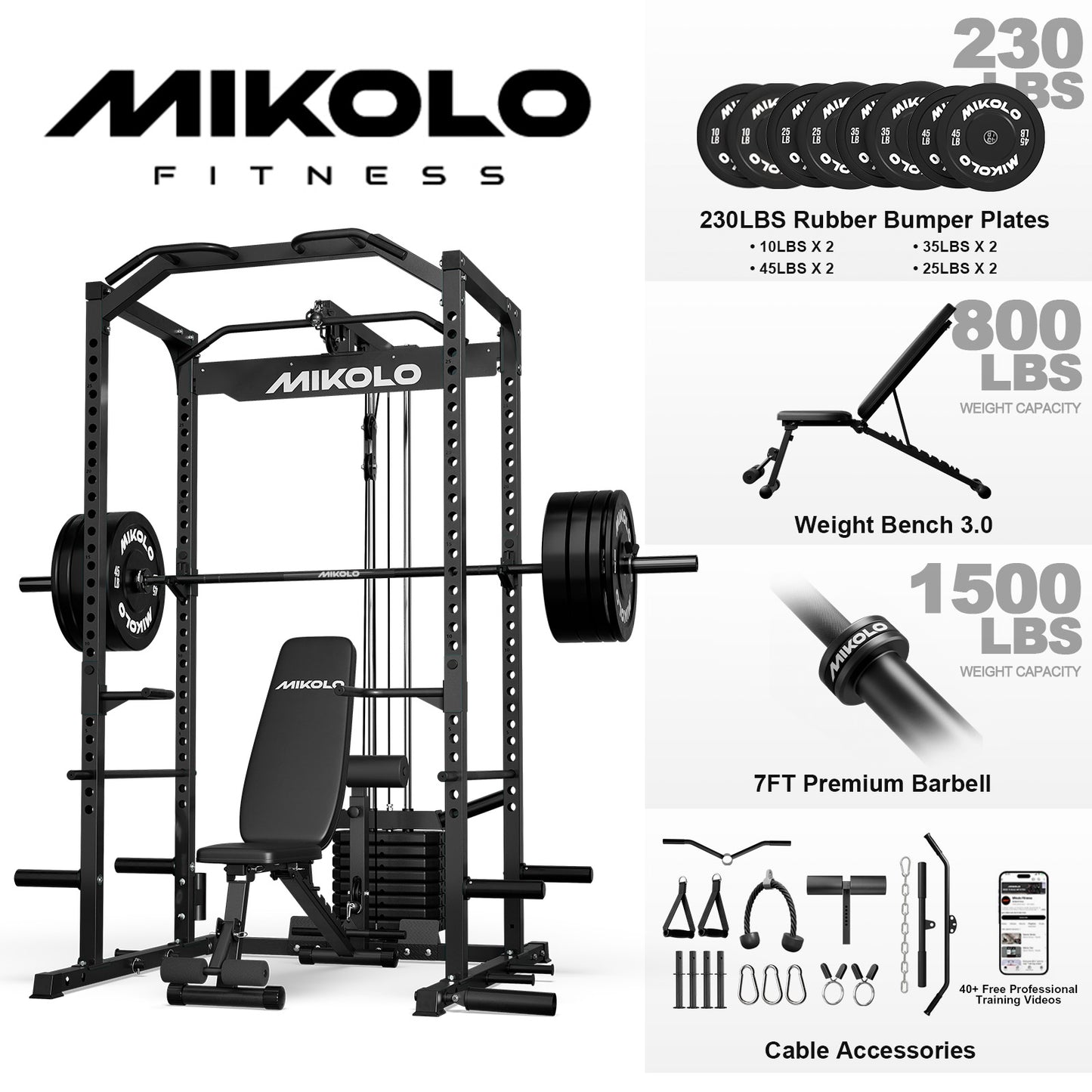 Mikolo Power Cage with Weight Stack Multi-Function Power Rack for Home Gym, Squat Rack, Cable Crossover System, for Strength Training, Red