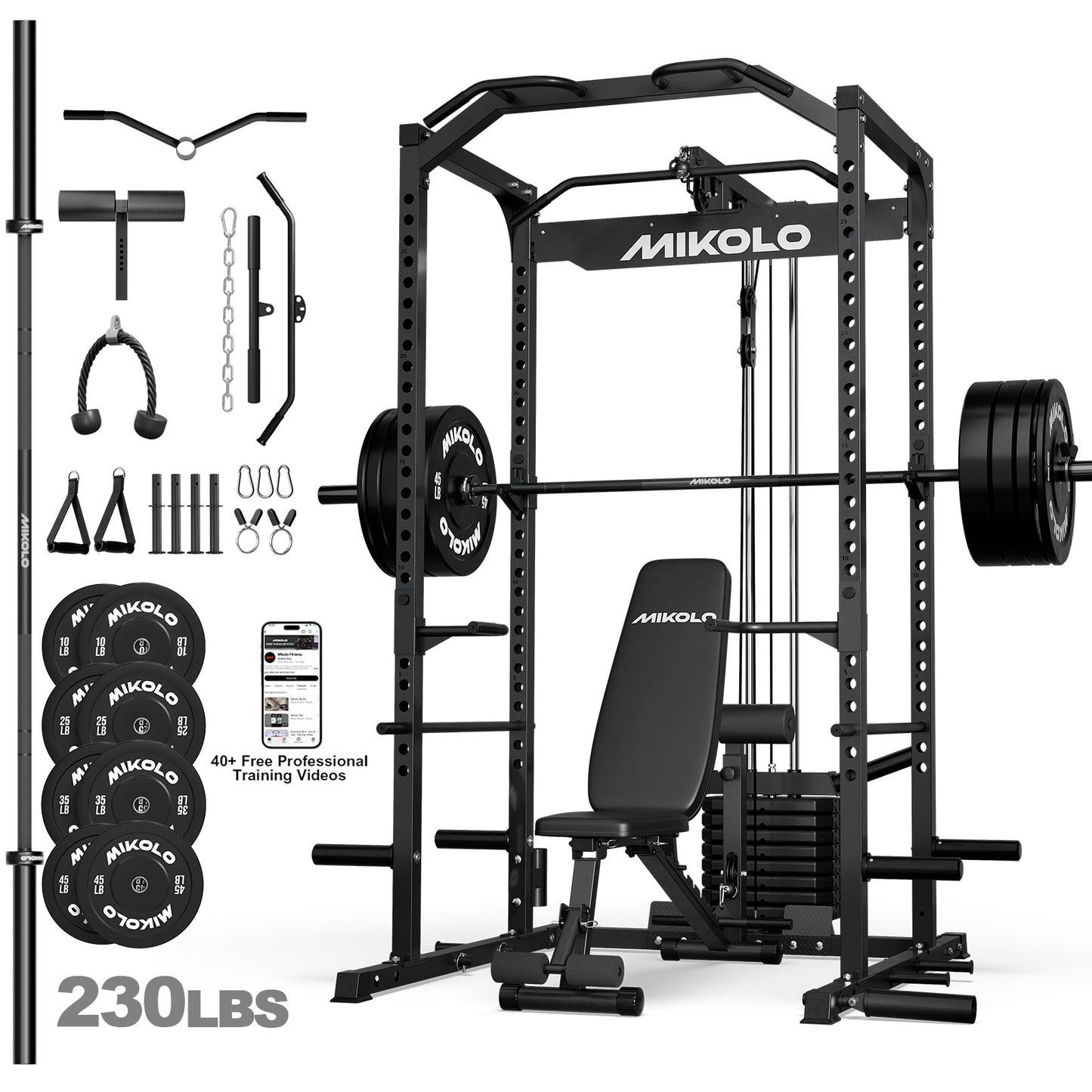 Mikolo Power Cage with Weight Stack Multi-Function Power Rack for Home Gym, 1500LBS Squat Rack for Strength Training, 230LB Plates package Red