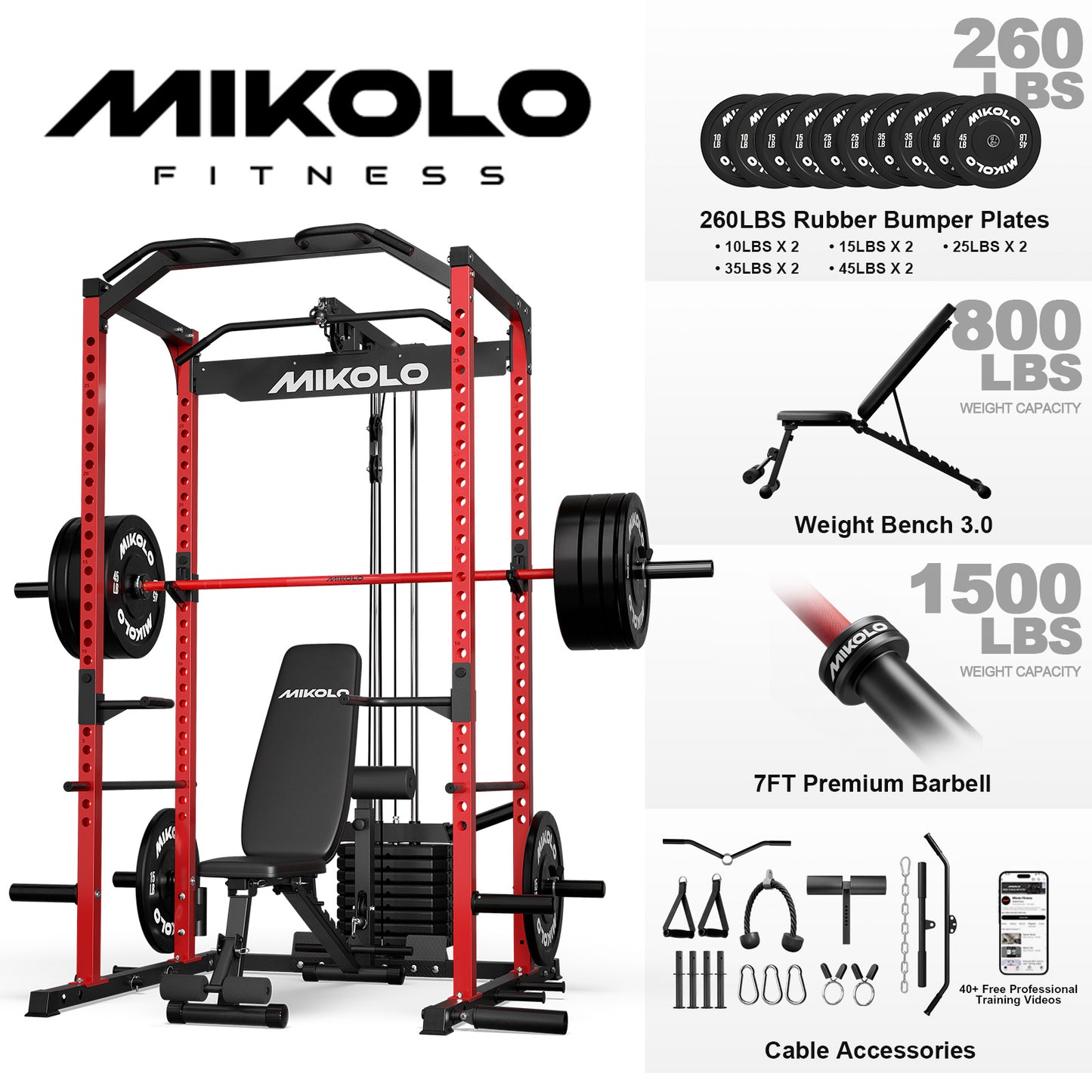 Mikolo Power Cage with Weight Stack Multi-Function Power Rack for Home Gym, Squat Rack, Cable Crossover System, for Strength Training, Red