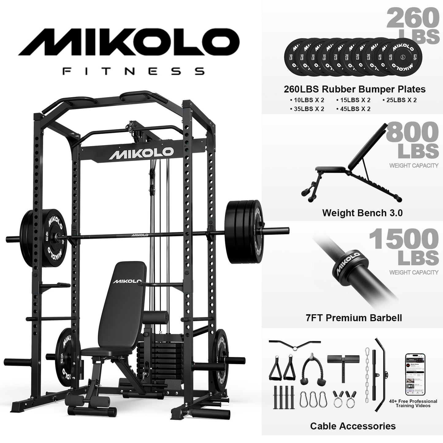 Mikolo Power Cage with Weight Stack Multi-Function Power Rack for Home Gym, Squat Rack, Cable Crossover System, for Strength Training, Red