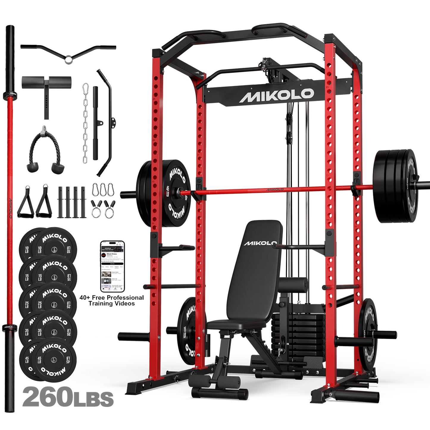 Mikolo Power Cage with Weight Stack Multi-Function Power Rack for Home Gym, 1500LBS Squat Rack for Strength Training, 230LB Plates package Red
