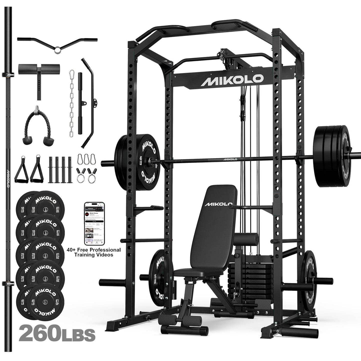 Mikolo Power Cage with Weight Stack Multi-Function Power Rack for Home Gym, 1500LBS Squat Rack for Strength Training, 230LB Plates package Red