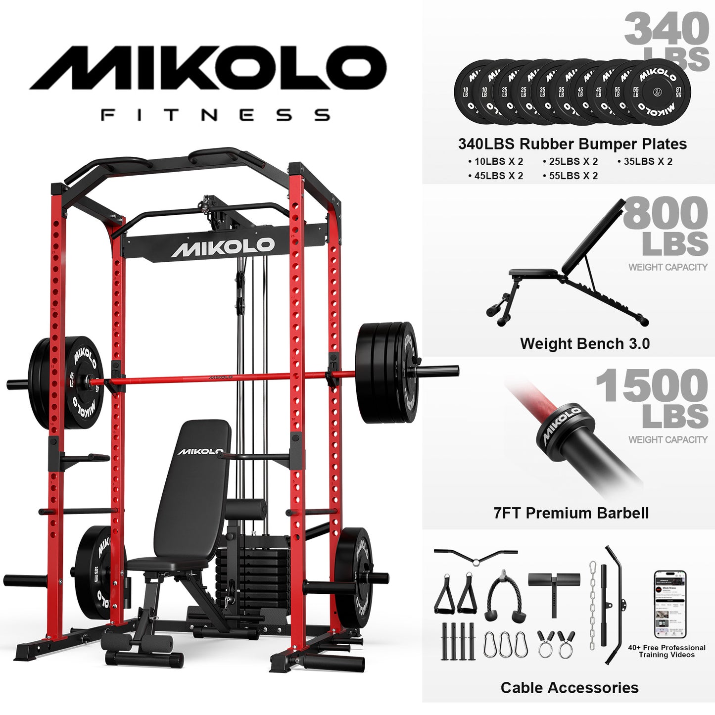 Mikolo Power Cage with Weight Stack Multi-Function Power Rack for Home Gym, Squat Rack, Cable Crossover System, for Strength Training, Red