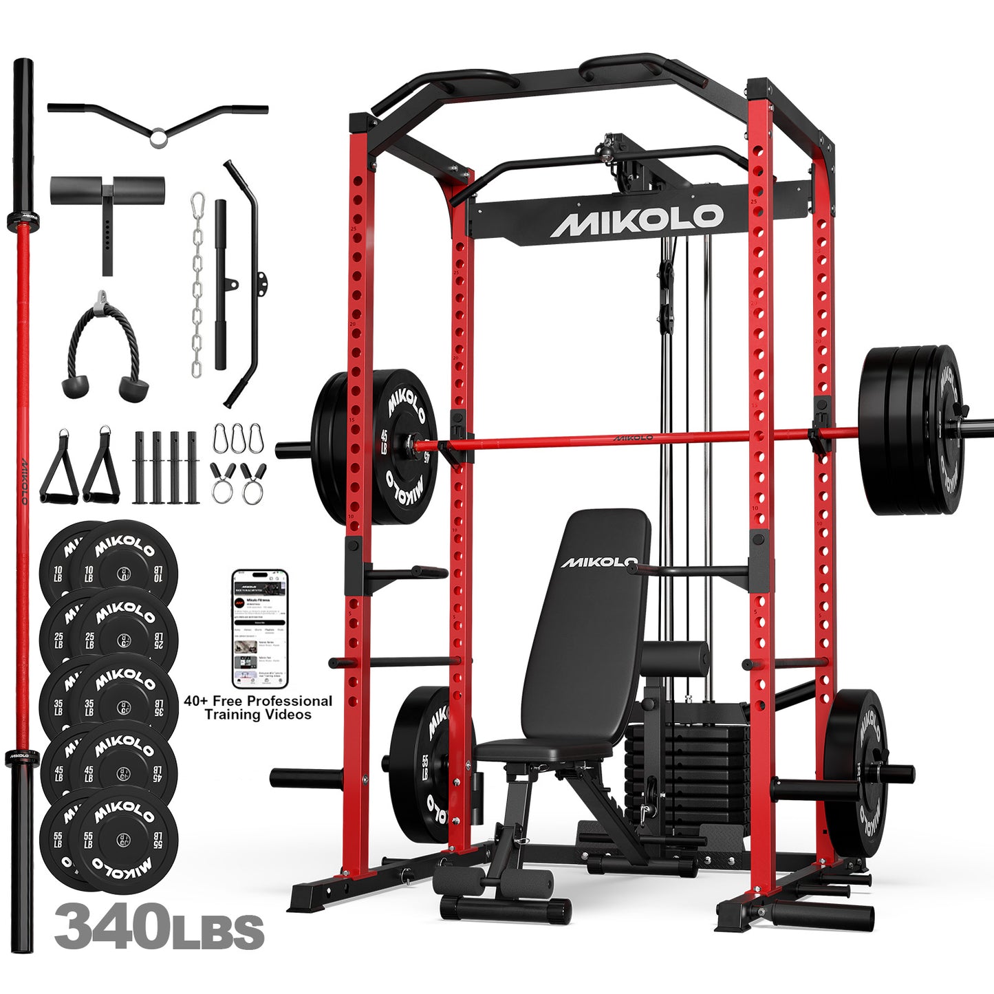 Mikolo Power Cage with Weight Stack Multi-Function Power Rack for Home Gym, 1500LBS Squat Rack for Strength Training, 230LB Plates package Red