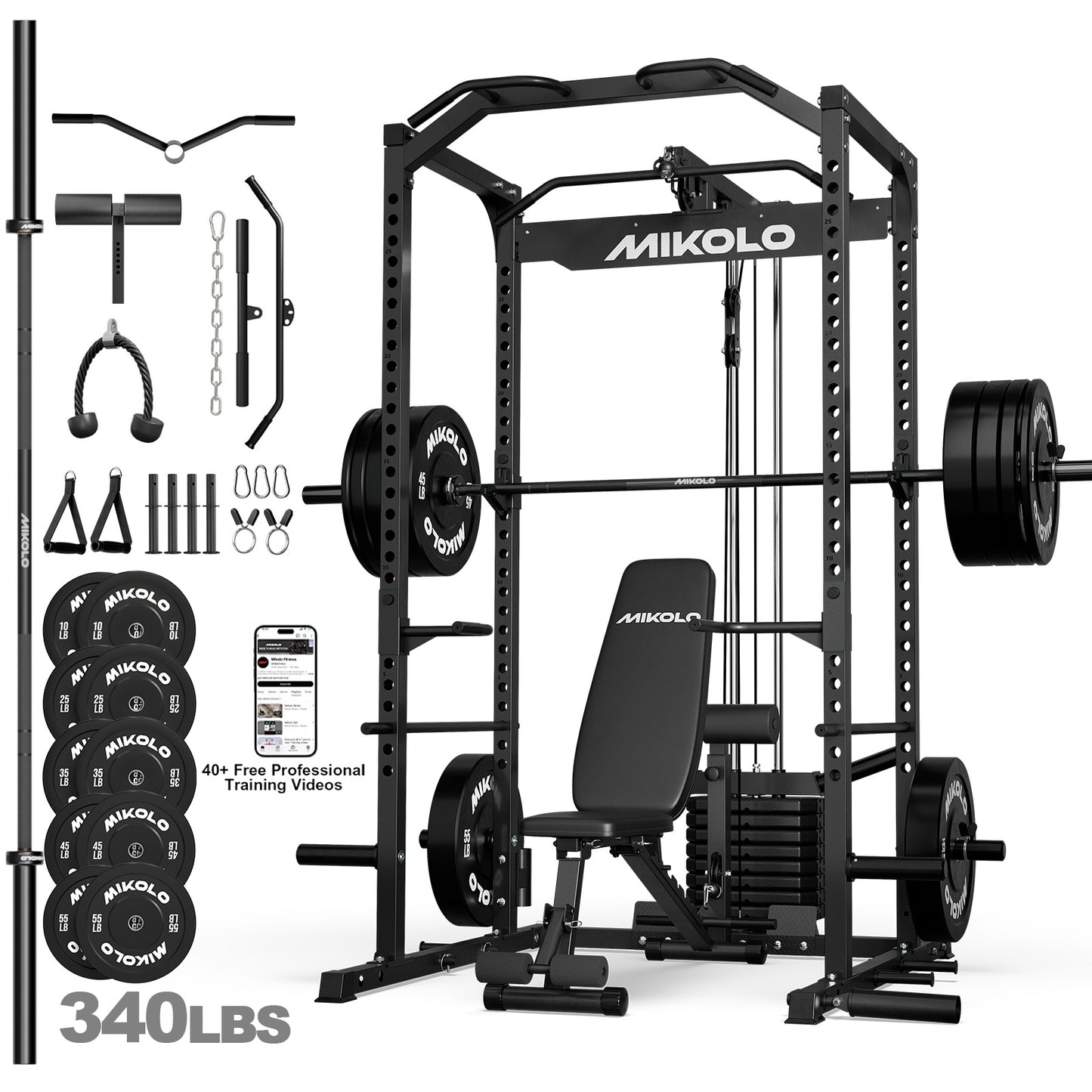 Mikolo Power Cage with Weight Stack Multi-Function Power Rack for Home Gym, 1500LBS Squat Rack for Strength Training, 230LB Plates package Red