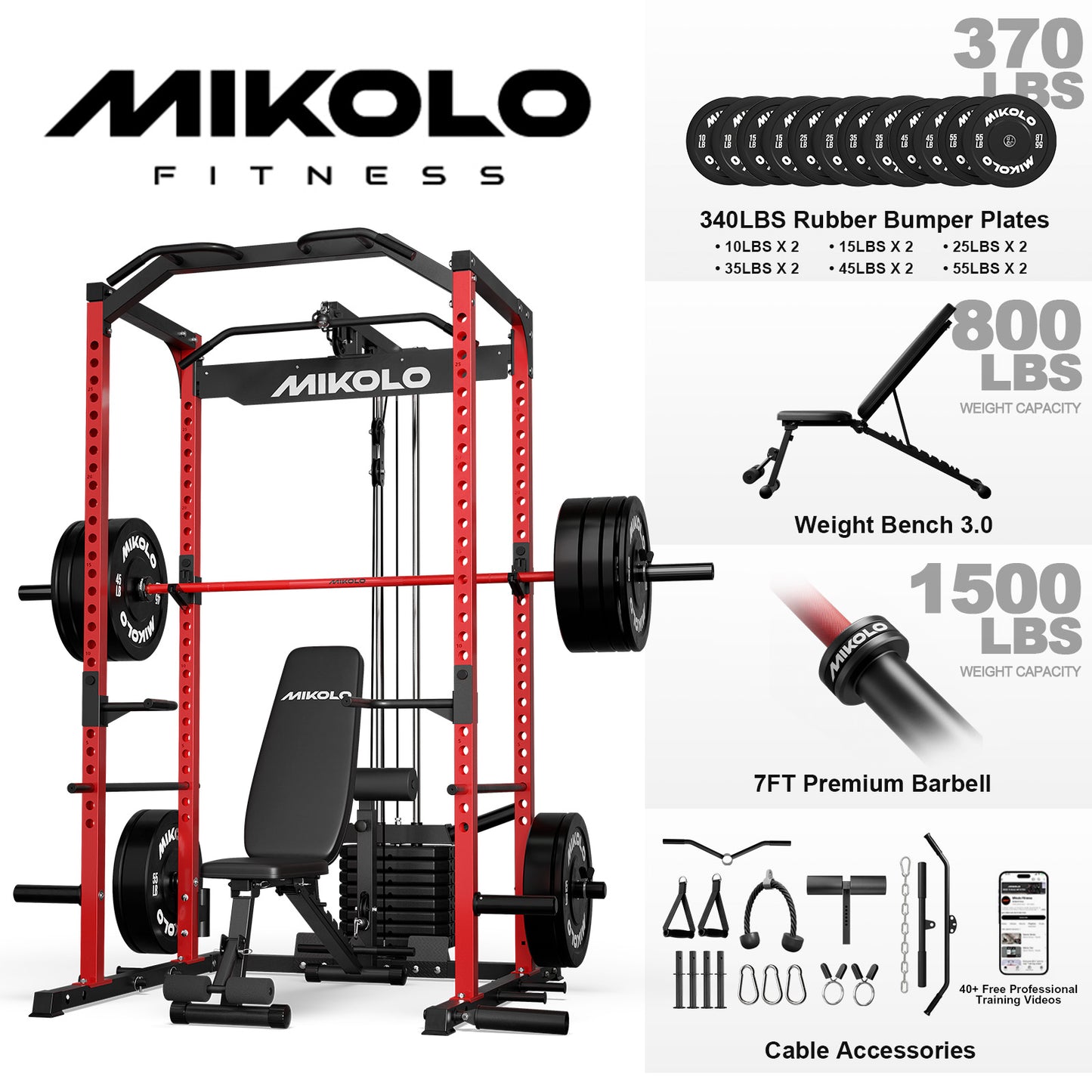 Mikolo Power Cage with Weight Stack Multi-Function Power Rack for Home Gym, Squat Rack, Cable Crossover System, for Strength Training, Red