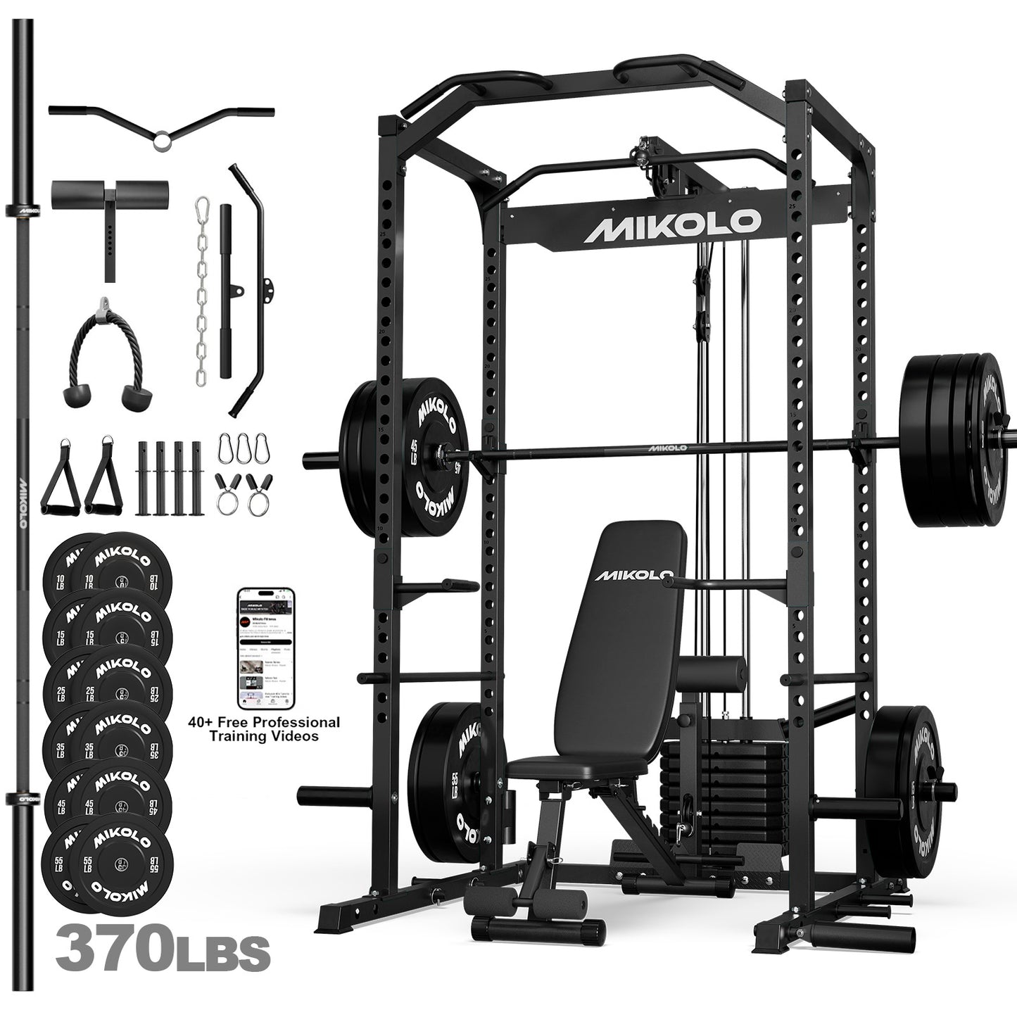 Mikolo Power Cage with Weight Stack Multi-Function Power Rack for Home Gym, 1500LBS Squat Rack for Strength Training, 230LB Plates package Red