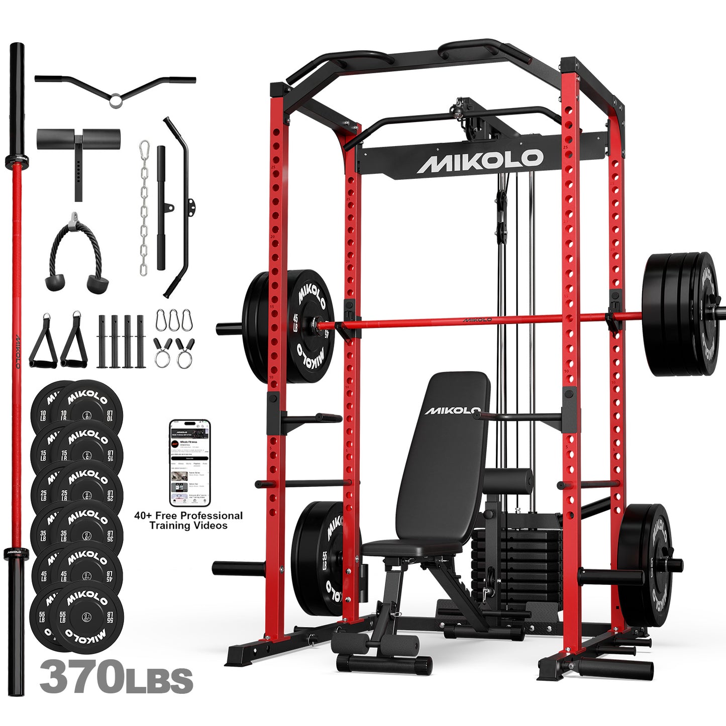 Mikolo Power Cage with Weight Stack Multi-Function Power Rack for Home Gym, 1500LBS Squat Rack for Strength Training, 230LB Plates package Red