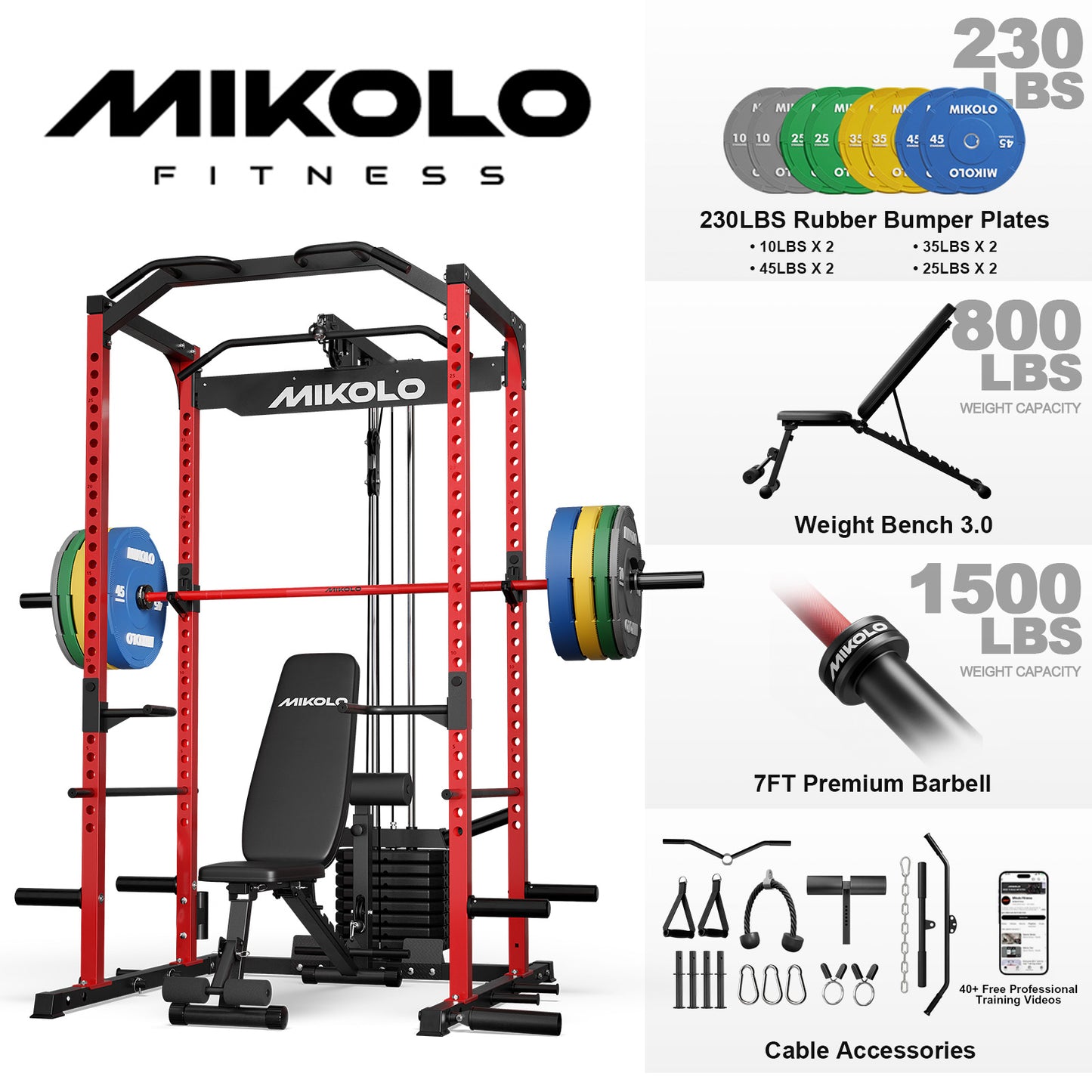 Mikolo Power Cage with Weight Stack Multi-Function Power Rack for Home Gym, Squat Rack, Cable Crossover System, for Strength Training, Red