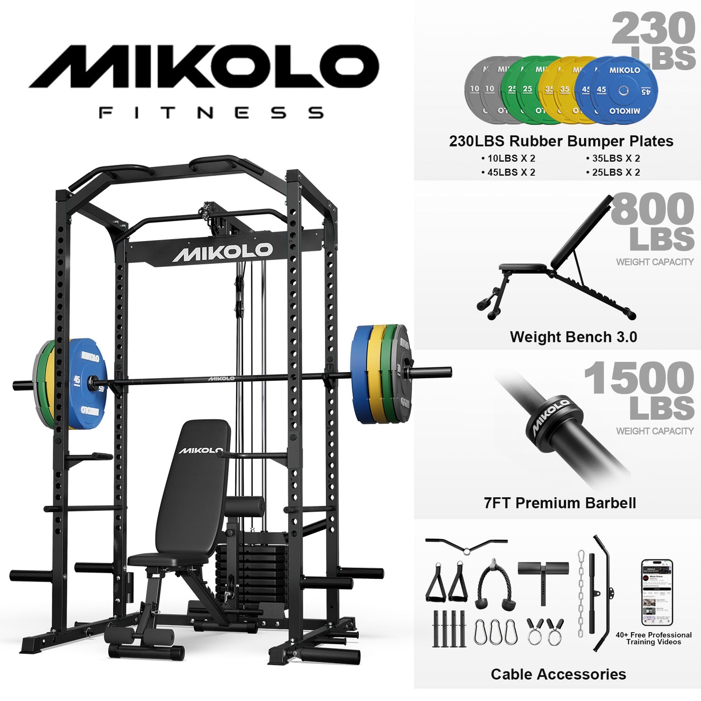 Mikolo Power Cage with Weight Stack Multi-Function Power Rack for Home Gym, Squat Rack, Cable Crossover System, for Strength Training, Red