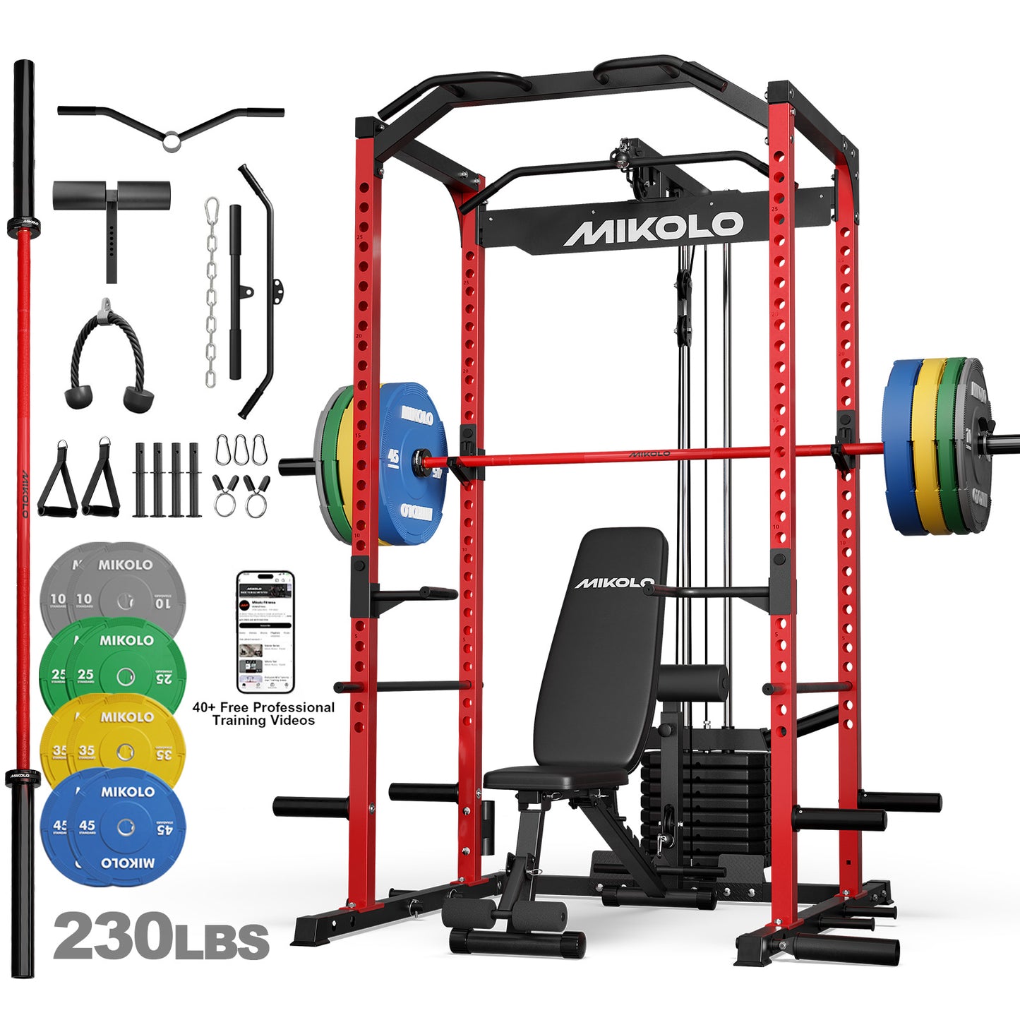 Mikolo Power Cage with Weight Stack Multi-Function Power Rack for Home Gym, 1500LBS Squat Rack for Strength Training, 230LB Plates package Red