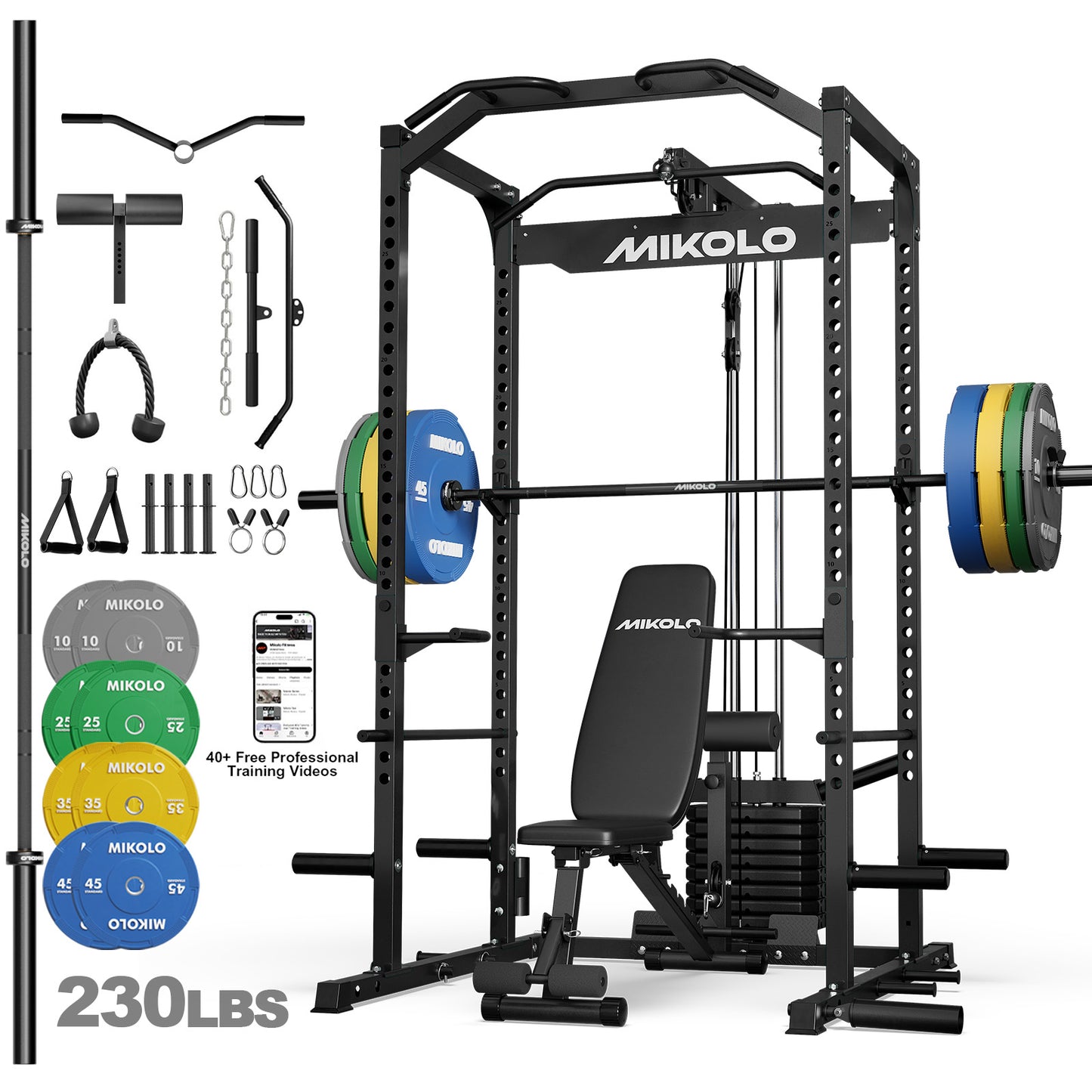 Mikolo Power Cage with Weight Stack Multi-Function Power Rack for Home Gym, 1500LBS Squat Rack for Strength Training, 230LB Plates package Red