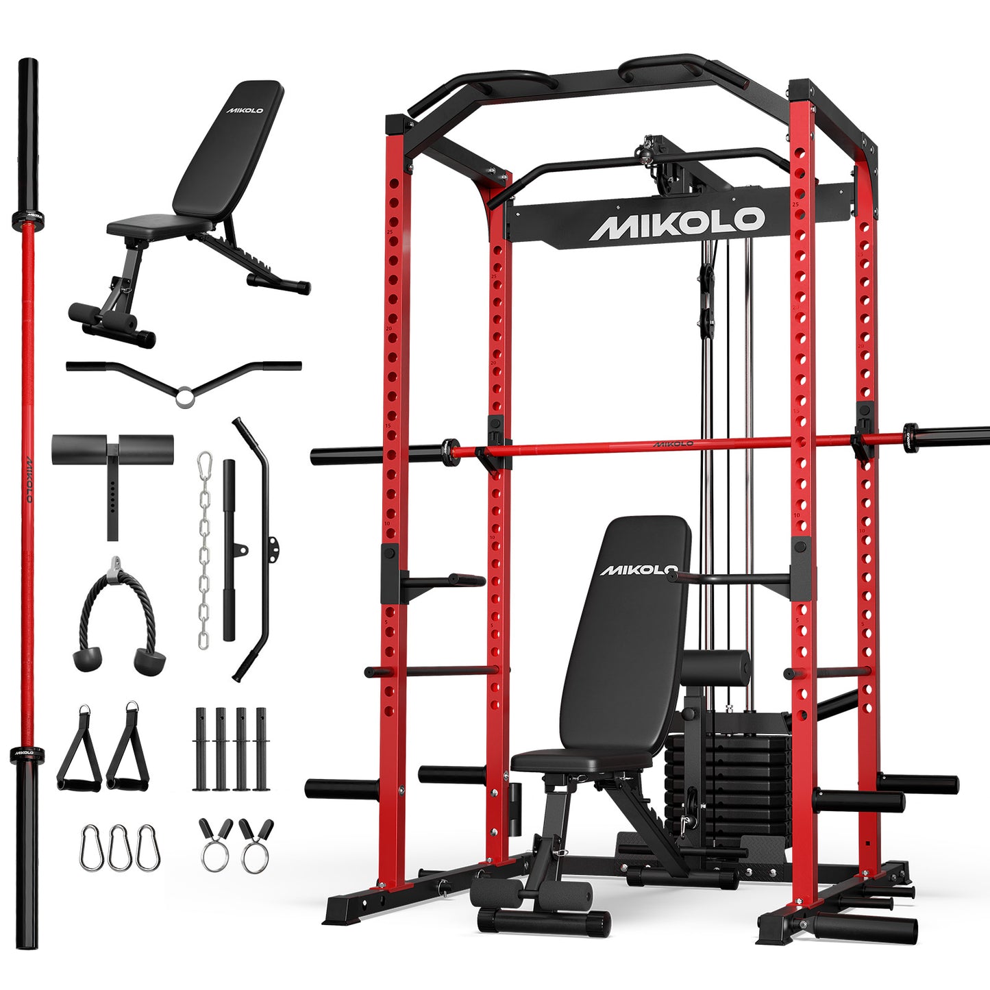 Mikolo Power Cage with Weight Stack Multi-Function Power Rack for Home Gym, Squat Rack, Cable Crossover System, for Strength Training, Red