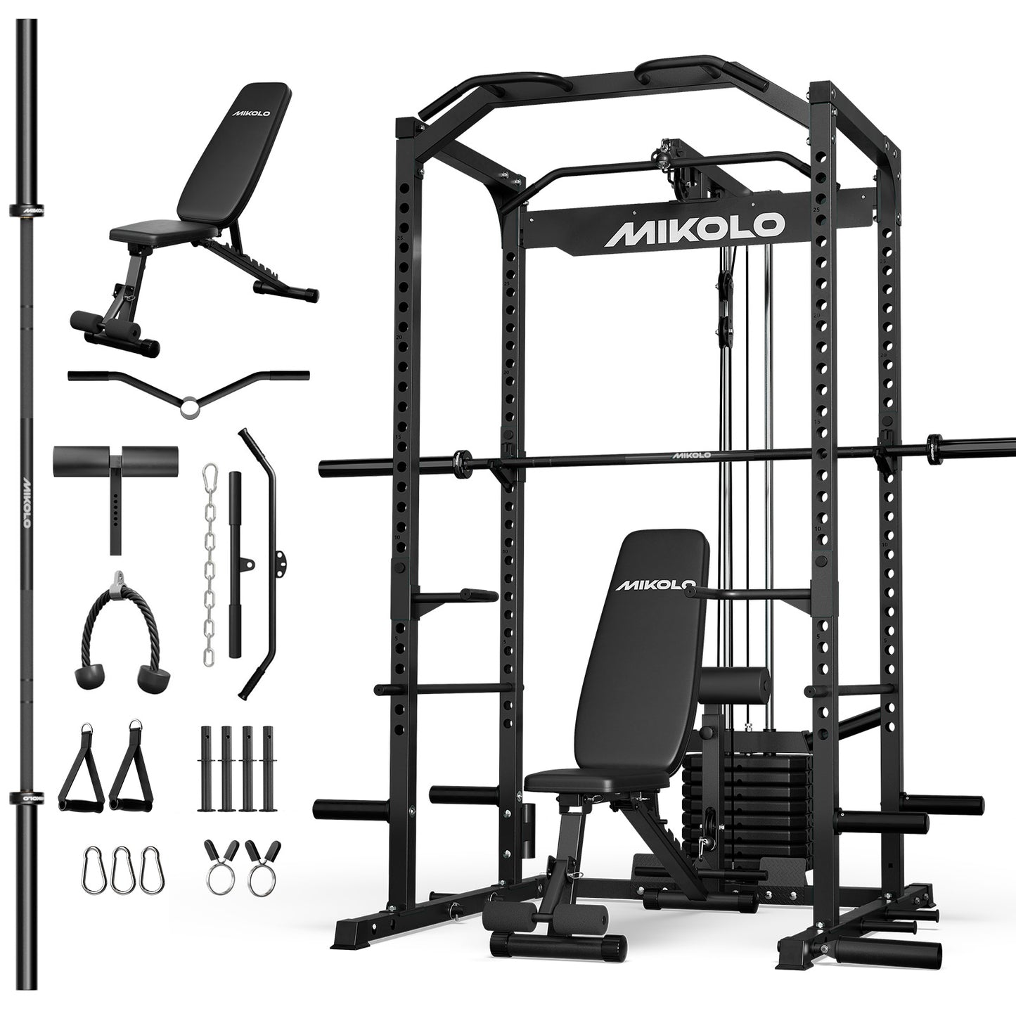 Mikolo Power Cage with Weight Stack Multi-Function Power Rack for Home Gym, Squat Rack, Cable Crossover System, for Strength Training, Red