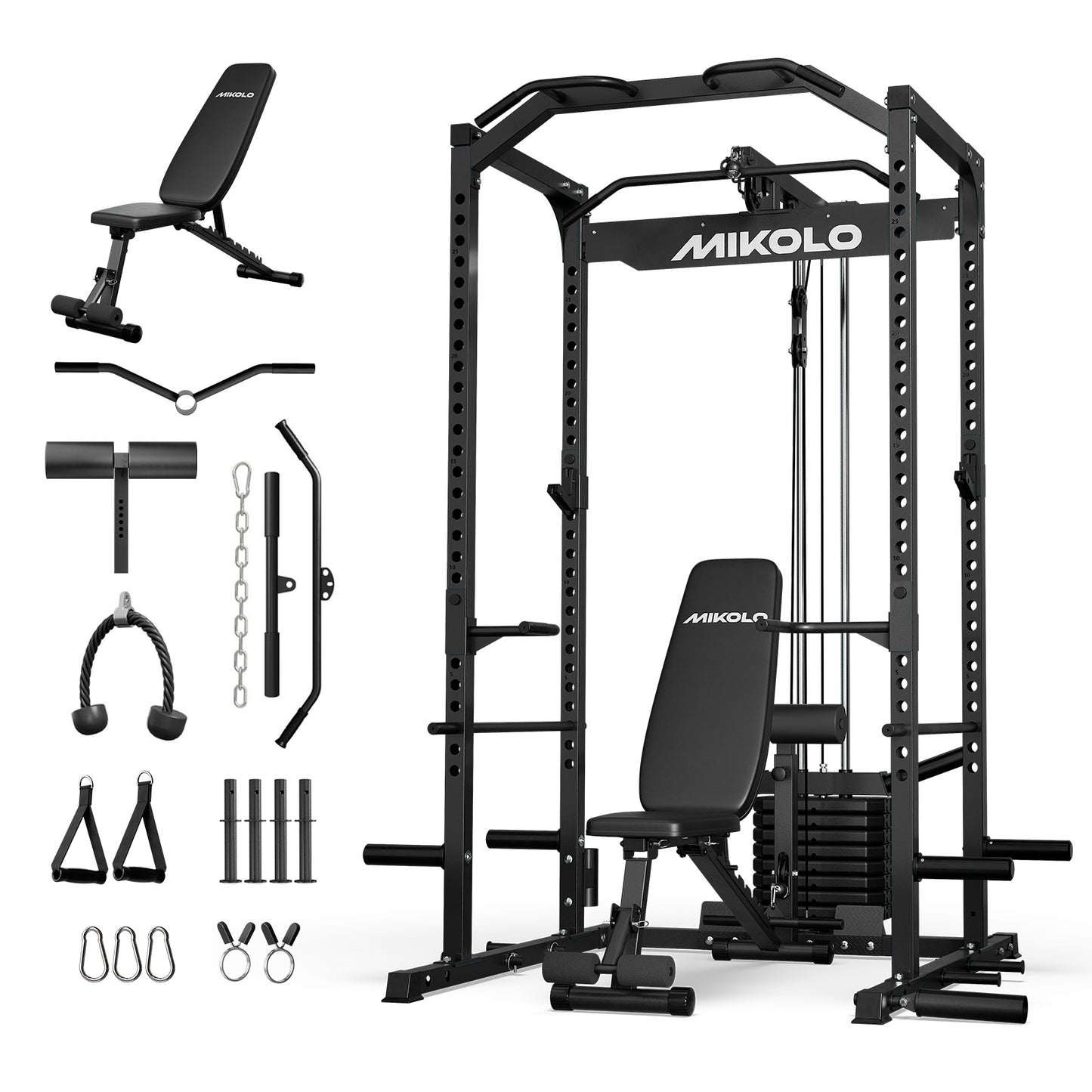 Mikolo Power Cage with Weight Stack Multi-Function Power Rack for Home Gym, Squat Rack, Cable Crossover System, for Strength Training, Red