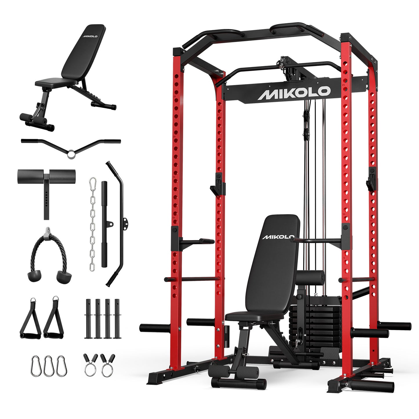 Mikolo Power Cage with Weight Stack Multi-Function Power Rack for Home Gym, Squat Rack, Cable Crossover System, for Strength Training, Red