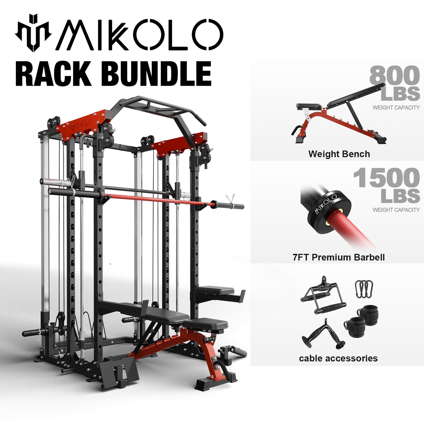 Mikolo Smith Machine, 2000LBS Power Cage Squat Rack with Smith Bar, Two LAT Pull-Down Systems, Cable Crossover Machine and and More Cable Attachment for Home Gym