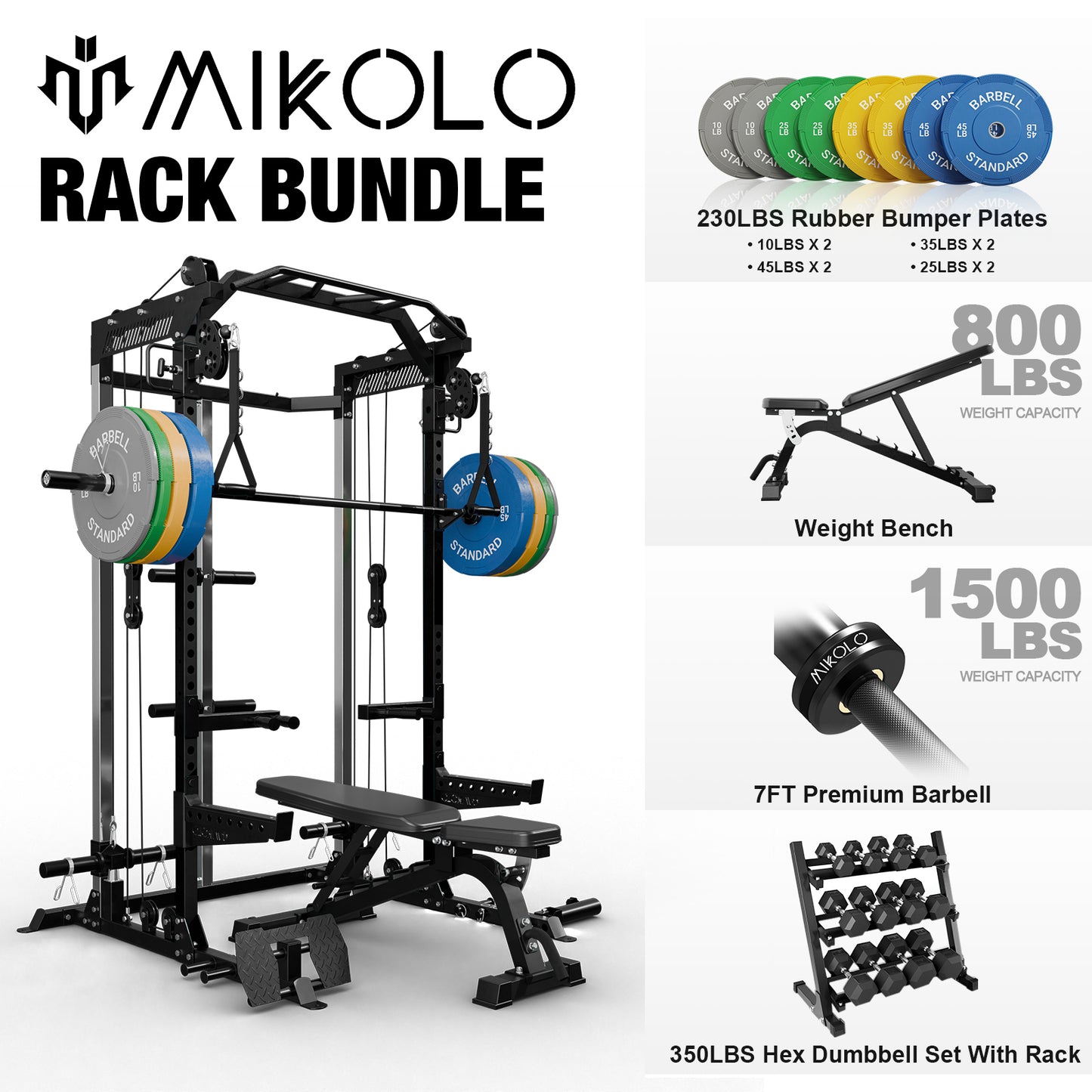 Mikolo Power Cage, Squat Rack with Dual Pulley Cable Crossover System, Multifunction Free Weight Home Gym Workout Machine with Attachments Black Dumbbell Set