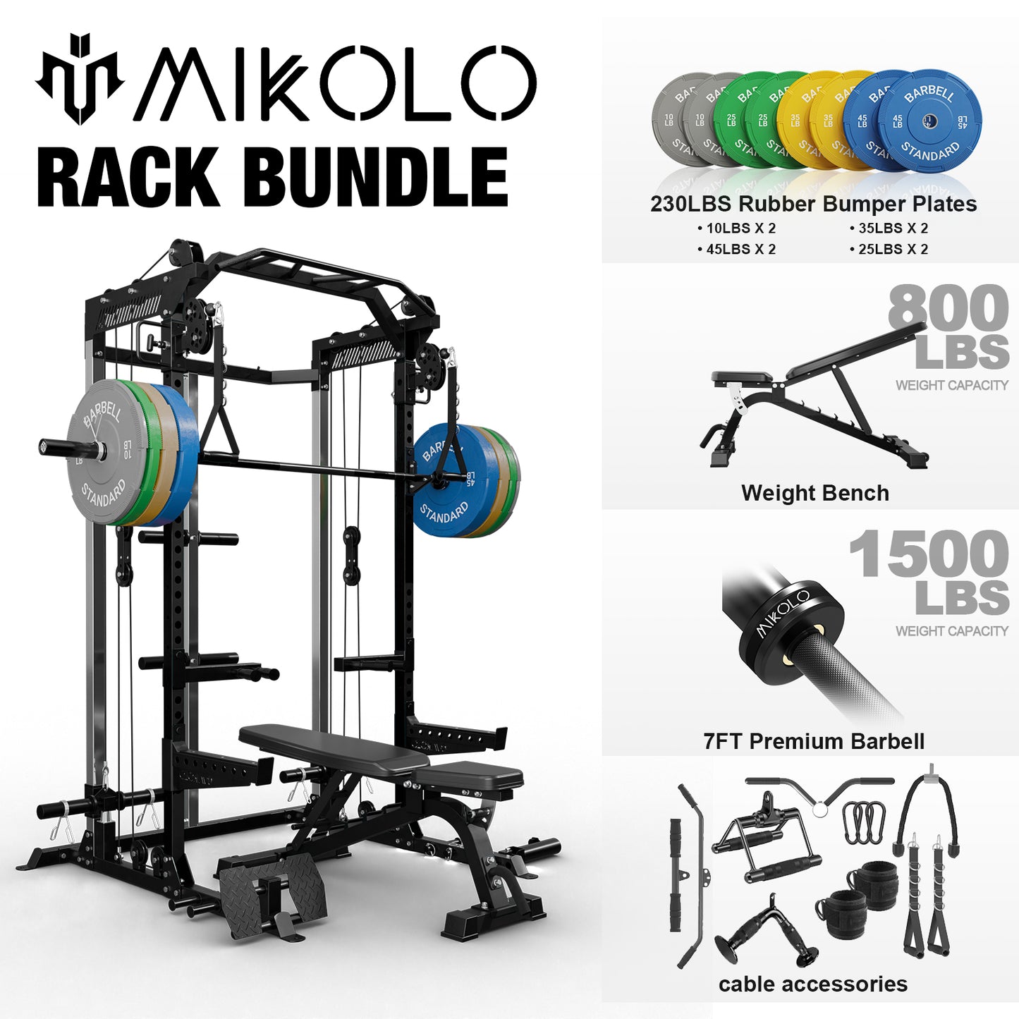 Mikolo Power Cage, Squat Rack with Dual Pulley Cable Crossover System, Multifunction Free Weight Home Gym Workout Machine with Attachments