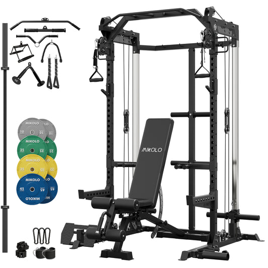 Mikolo Power Cage, Squat Rack with Dual Pulley Cable Crossover System, Multifunction Free Weight Home Gym Workout Machine with 230 Plate Set(B230)
