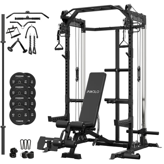 Mikolo Power Cage, Squat Rack With Dual Pulley Cable Crossover System, Multifunction Free Weight Home Gym Workout Machine With Attachments Set(B230B)