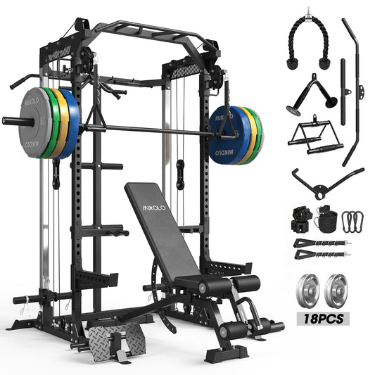 Mikolo Power Cage, Squat Rack with Dual Pulley Cable Crossover System, Multifunction Free Weight Home Gym Workout Machine with 230 Plate Set Aluminum Pulleys