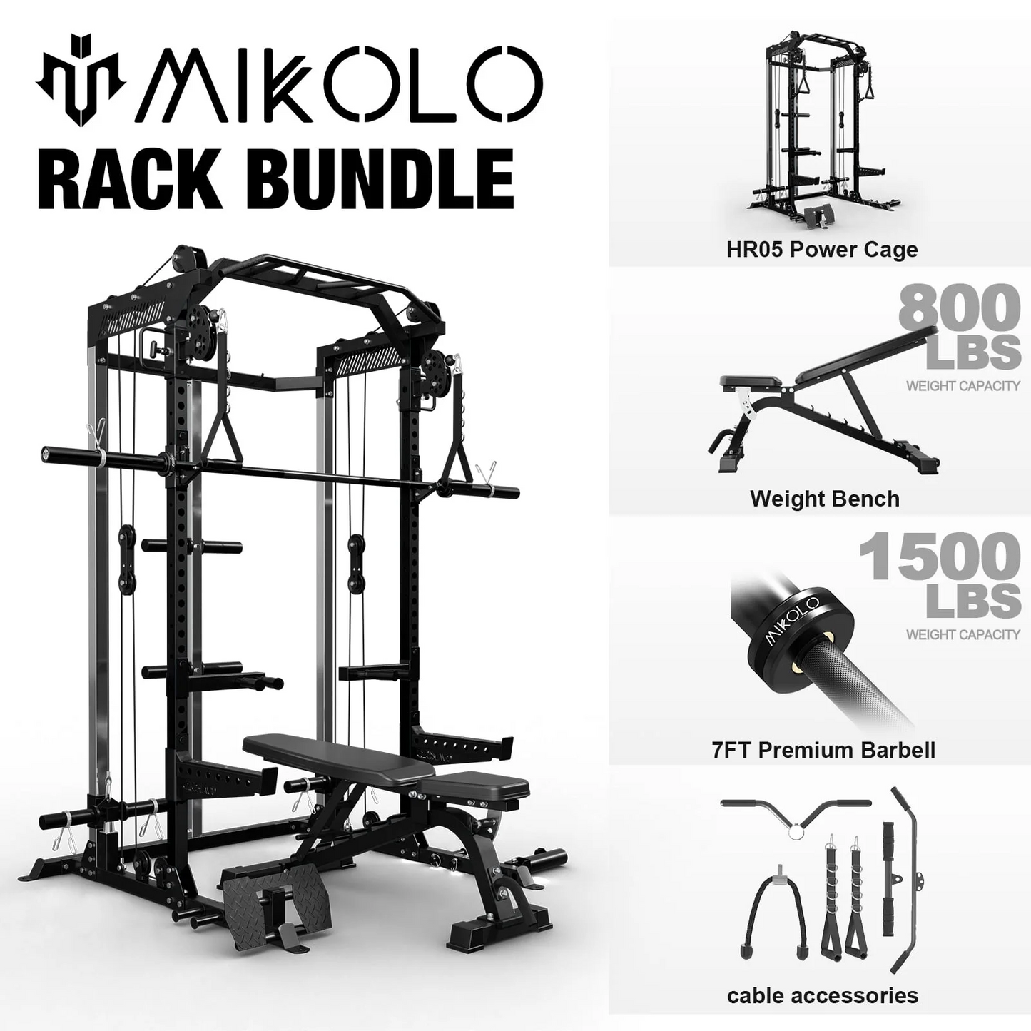 Mikolo Power Cage, Squat Rack with Dual Pulley Cable Crossover System, Multifunction Free Weight Home Gym Workout Machine with Attachments Black