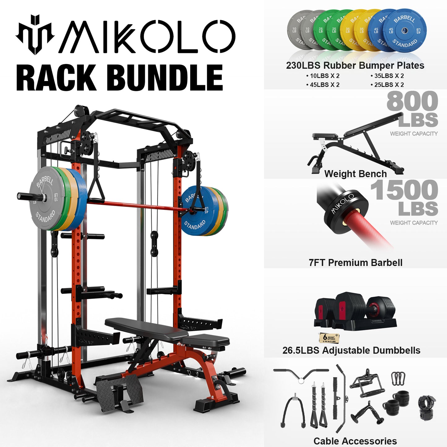 Mikolo Power Cage, Squat Rack W/ Dual Pulley Cable Crossover System, Multifunction Weight Home Gym Workout Machine W/ Attachments Red 26.5LBS Adjustable Dumbbells Combo