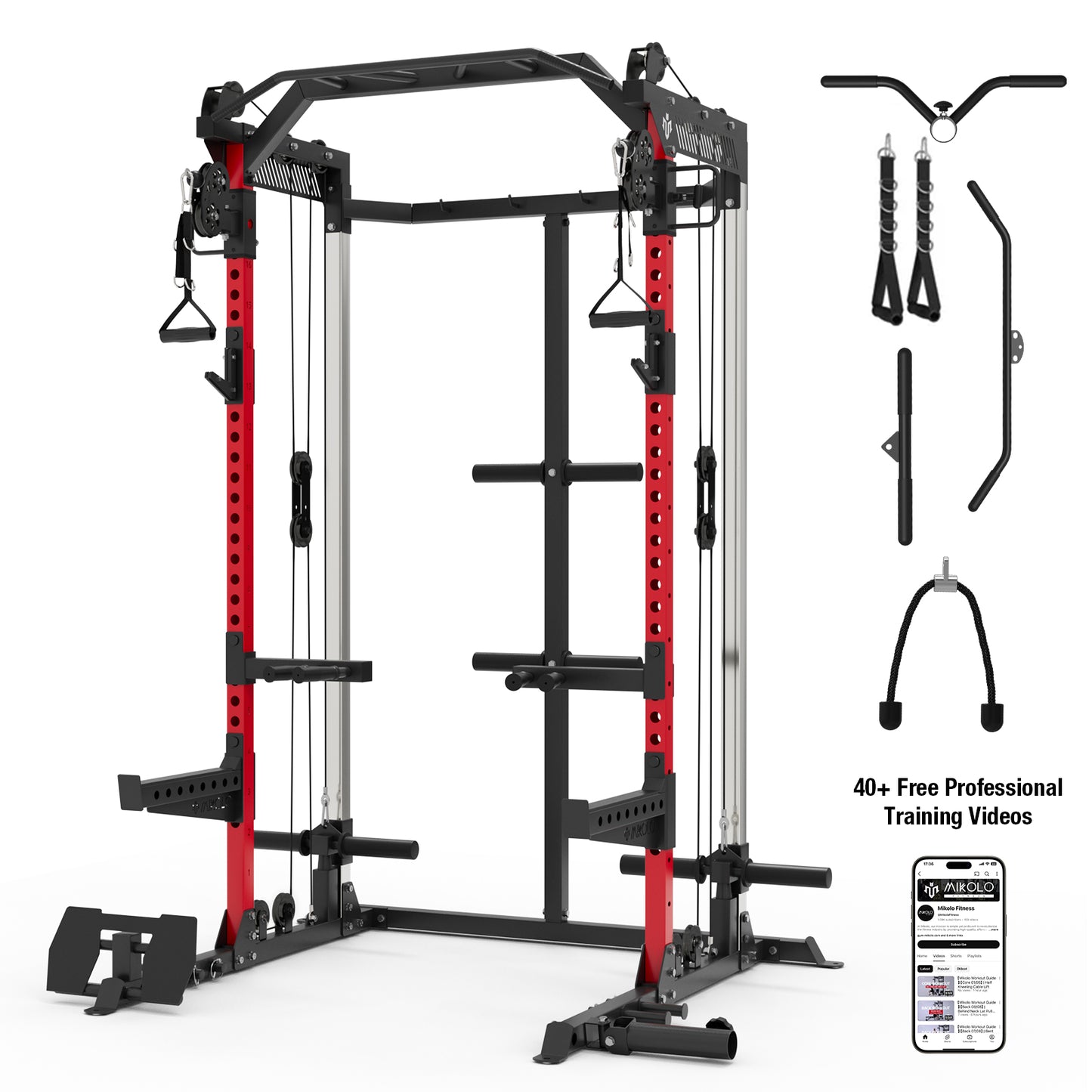 Mikolo Power Rack Cage, Weight Rack with Dual Pulley Cable Crossover Machine,Multi-Function Squat Rack with J Hooks,Dip Bars and Landmine for Home Gym