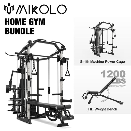 Mikolo Smith Machine Power Cage, Multi-Function Home Gym System with Cable Crossover, 121LB Weight Stack