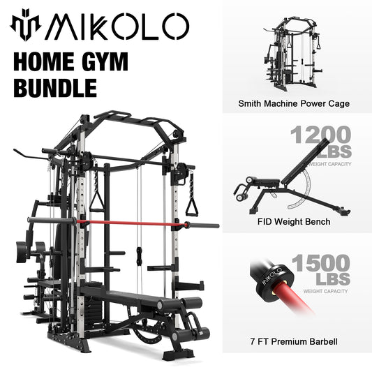 Mikolo Smith Machine Power Cage, Multi-Function Home Gym System with Cable Crossover, 121LB Weight Stack