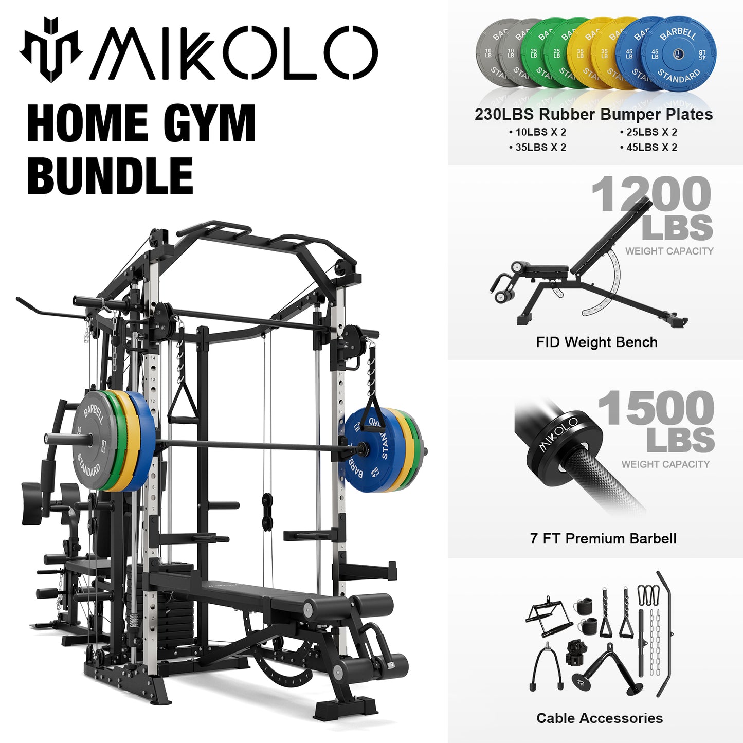 Mikolo Smith Machine Power Cage, Multi-Function Home Gym System with Cable Crossover, 121LB Weight Stack