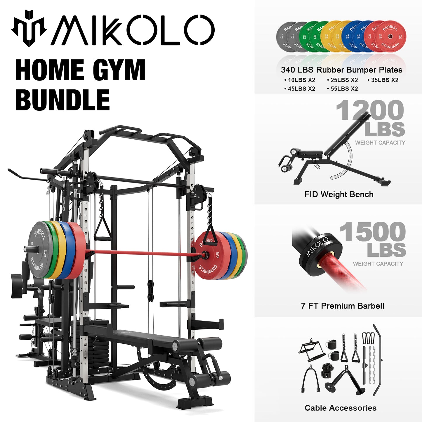 Mikolo Smith Machine Power Cage, Multi-Function Home Gym System with Cable Crossover, 121LB Weight Stack