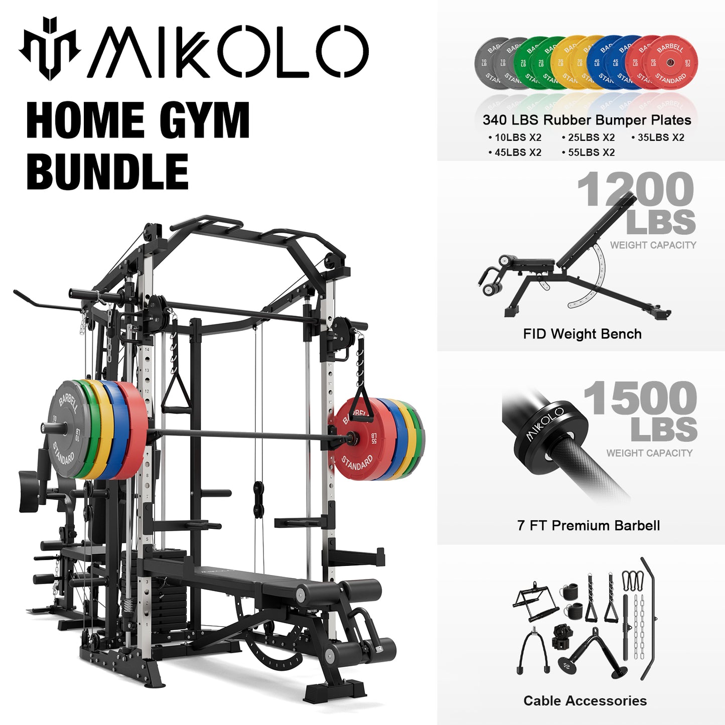 Mikolo Smith Machine Power Cage, Multi-Function Home Gym System with Cable Crossover, 121LB Weight Stack
