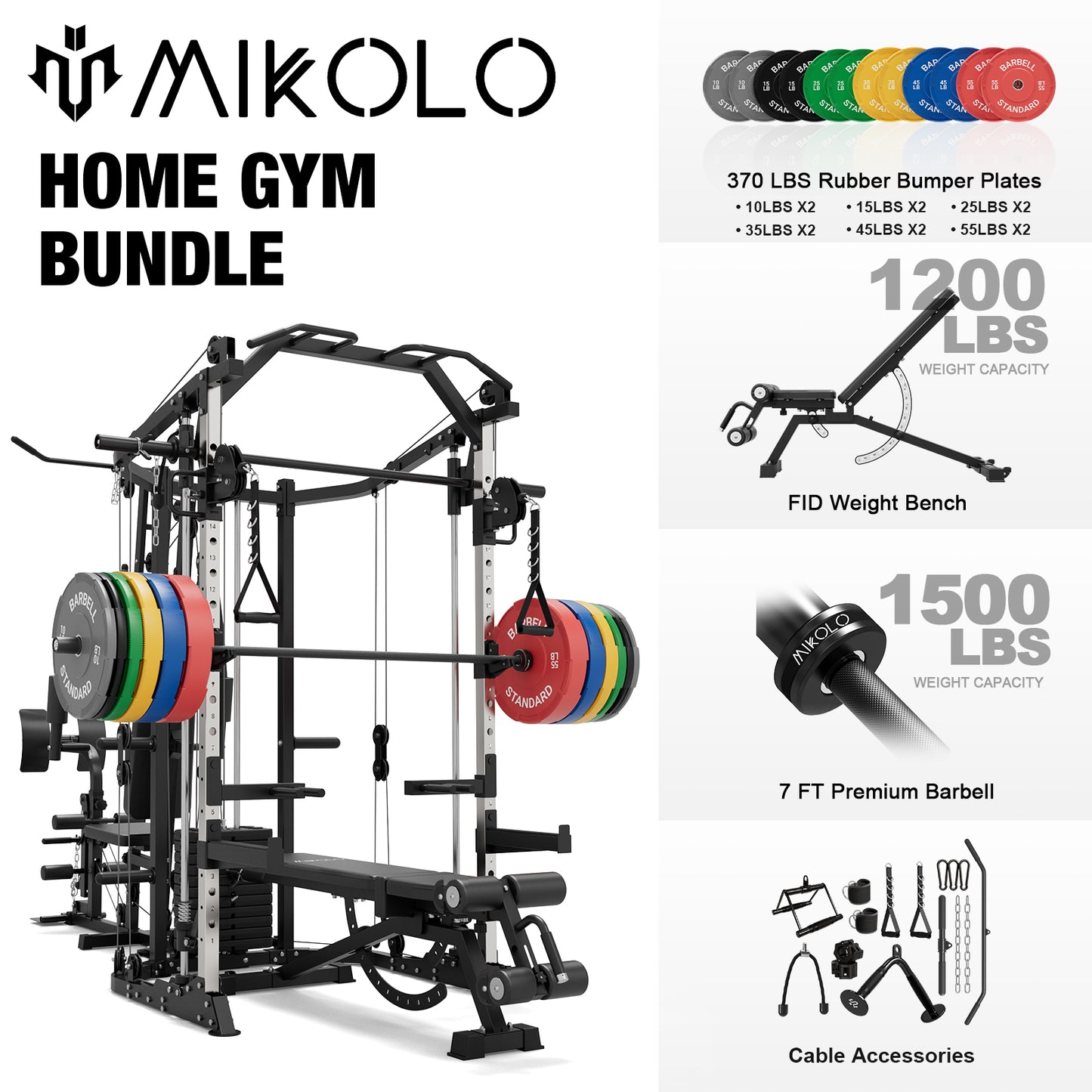 Mikolo Smith Machine Power Cage, Multi-Function Home Gym System with Cable Crossover, 121LB Weight Stack