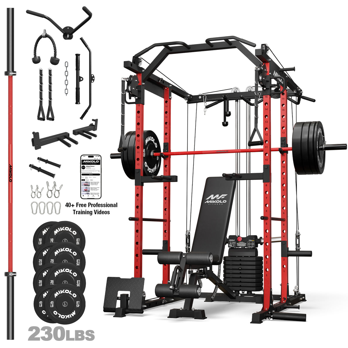 Mikolo Power Rack, 104LB Weight Stack Power Cage with Cable Crossover Machine, Multi-Function Squat Rack with 1200LBS Weight Bench, Barbell & 230LBS Plate for Home Gym Red