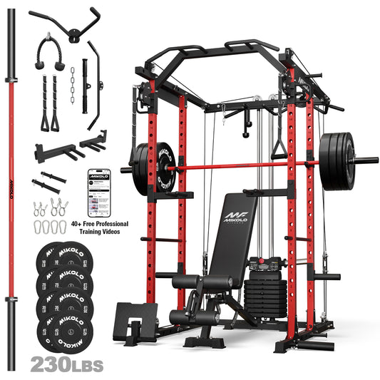 Mikolo Power Rack, 104LB Weight Stack Power Cage with Cable Crossover Machine, Multi-Function Squat Rack with 1200LBS Weight Bench, Barbell & 230LBS Plate for Home Gym Red